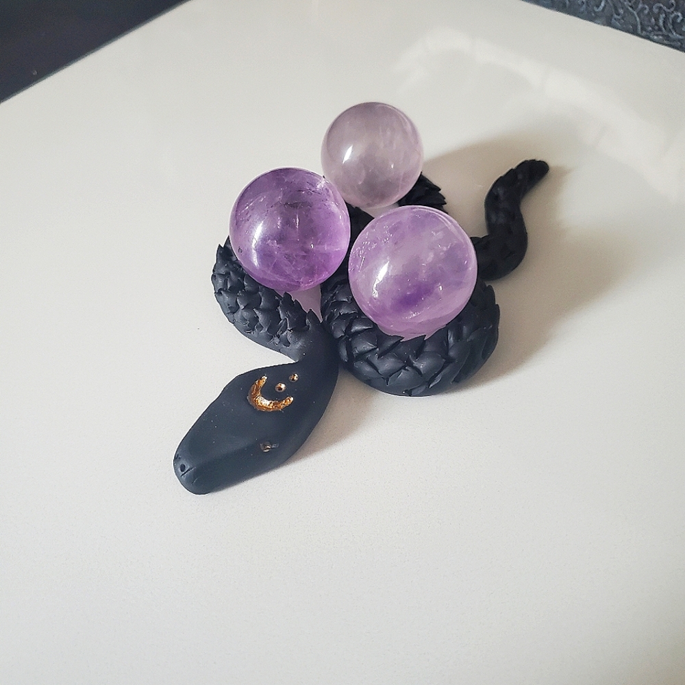 Handmade crystal sphere holder with 3 amethyst spheres